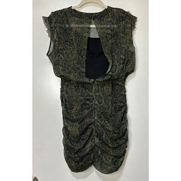 Allsaints Hali Tamora Snake Print Mini Dress Khaki Green Sz 6 NWT Ruffles Lined - Picture 11 of 16